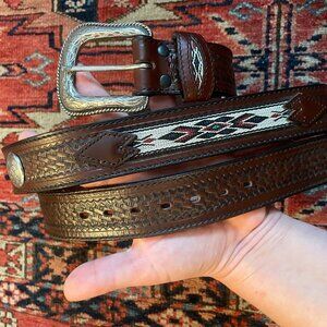 Wrangler Southwestern Tooled Stitched  Brown Leather Belt